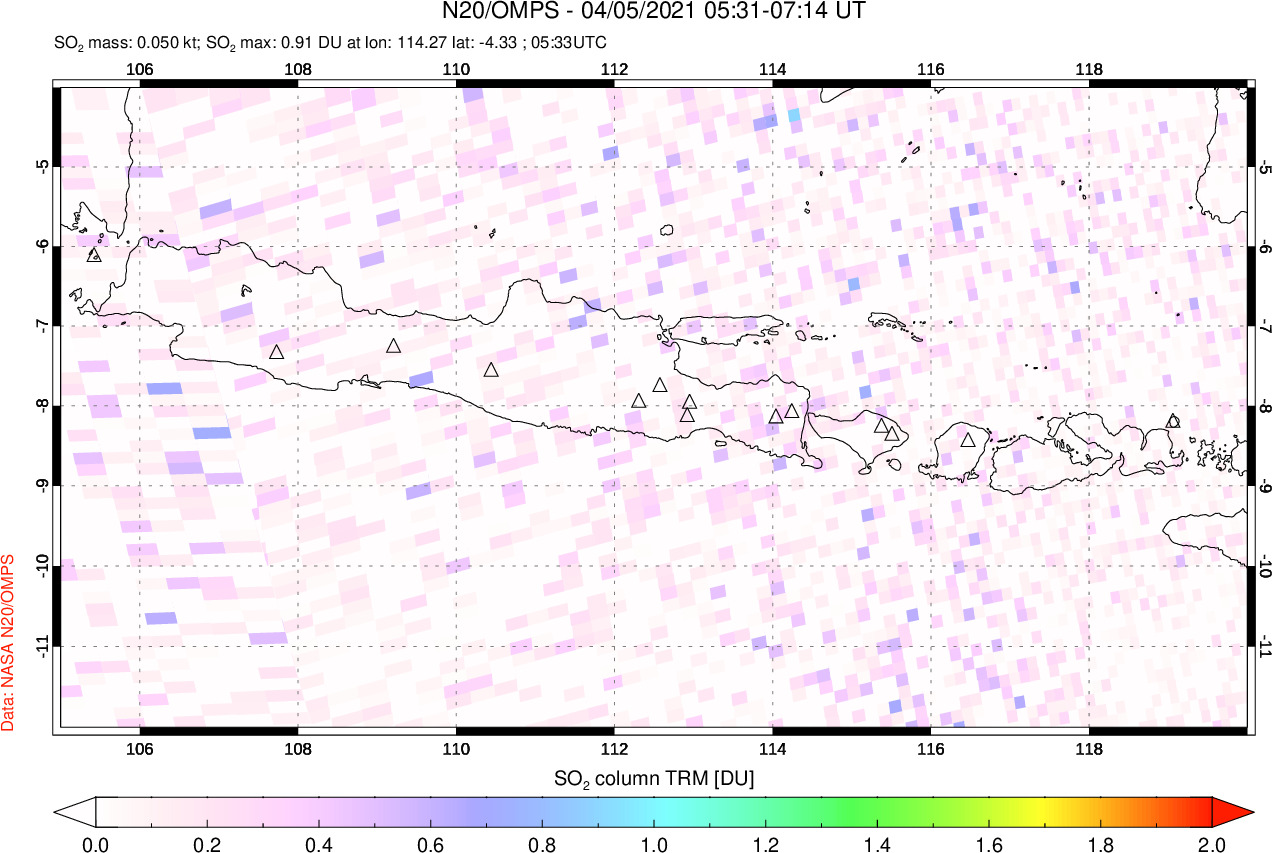 A sulfur dioxide image over Java, Indonesia on Apr 05, 2021.