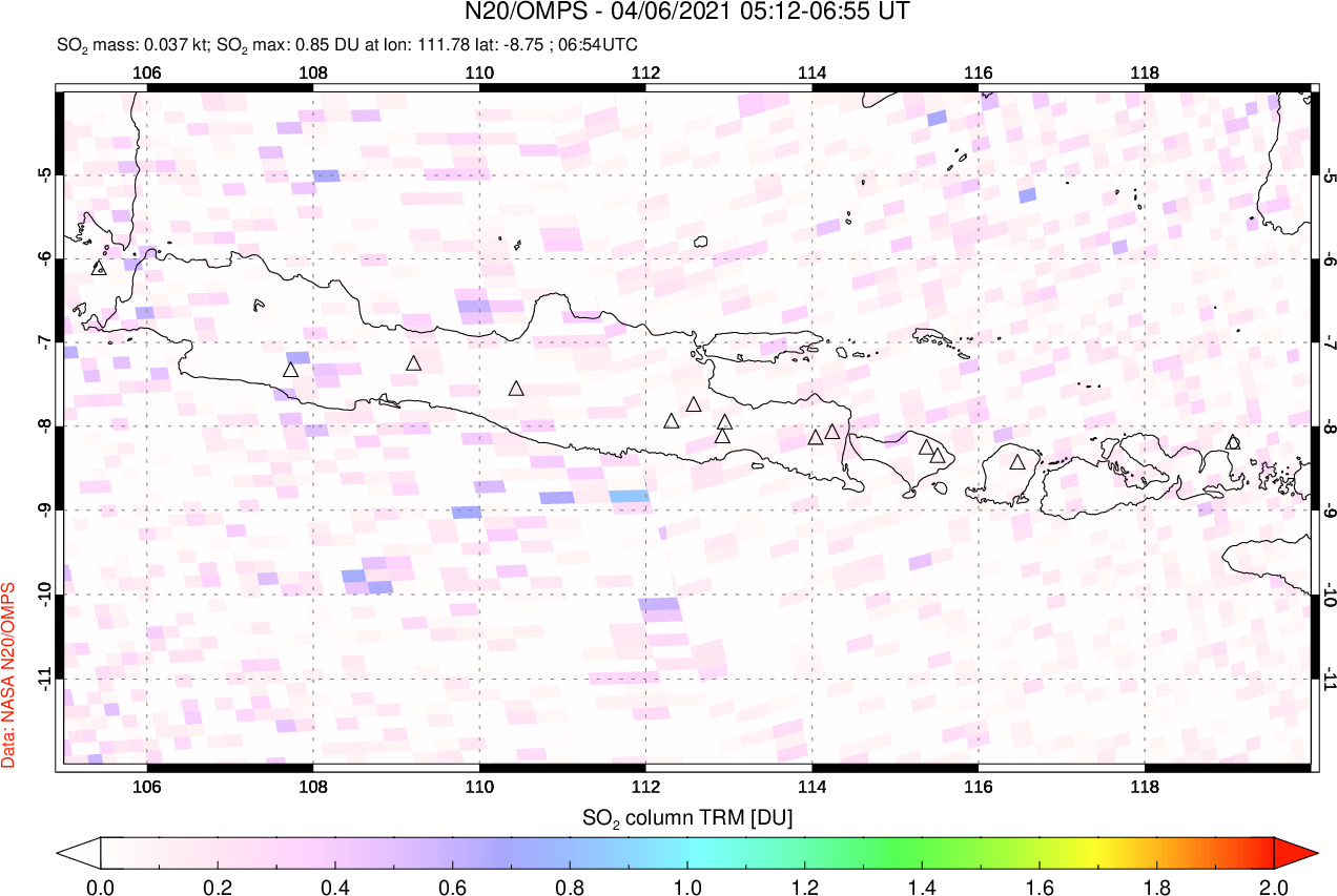 A sulfur dioxide image over Java, Indonesia on Apr 06, 2021.