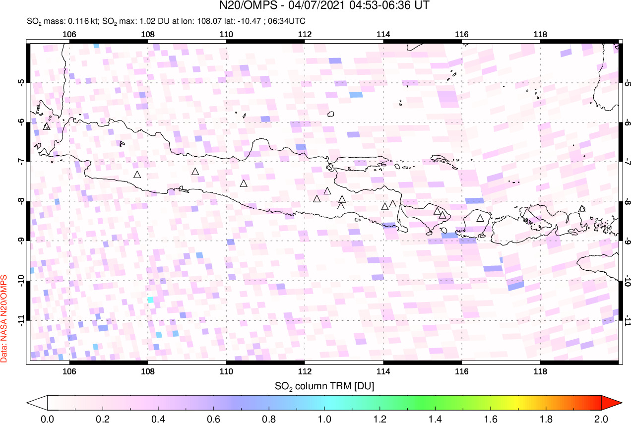 A sulfur dioxide image over Java, Indonesia on Apr 07, 2021.