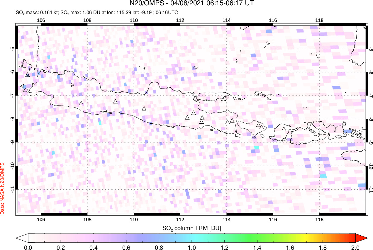A sulfur dioxide image over Java, Indonesia on Apr 08, 2021.