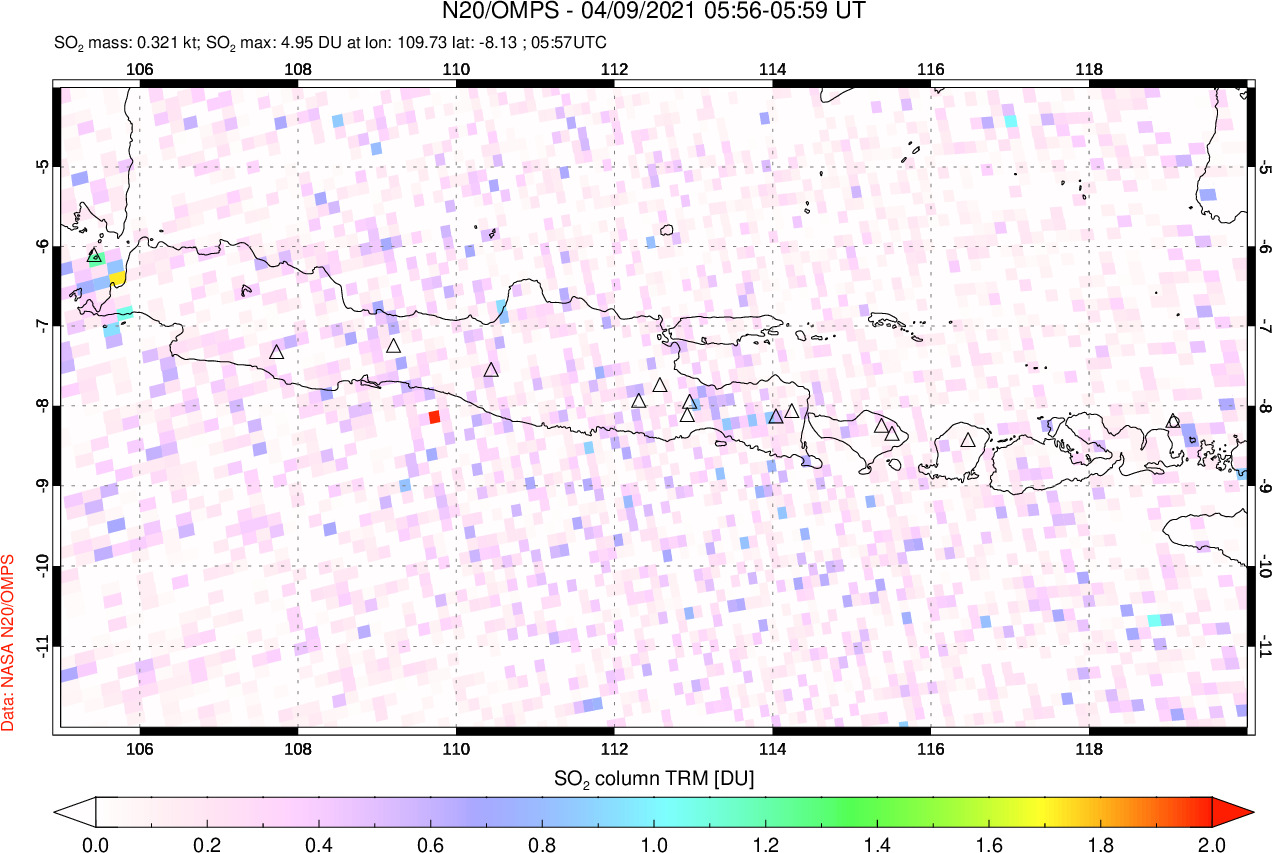 A sulfur dioxide image over Java, Indonesia on Apr 09, 2021.