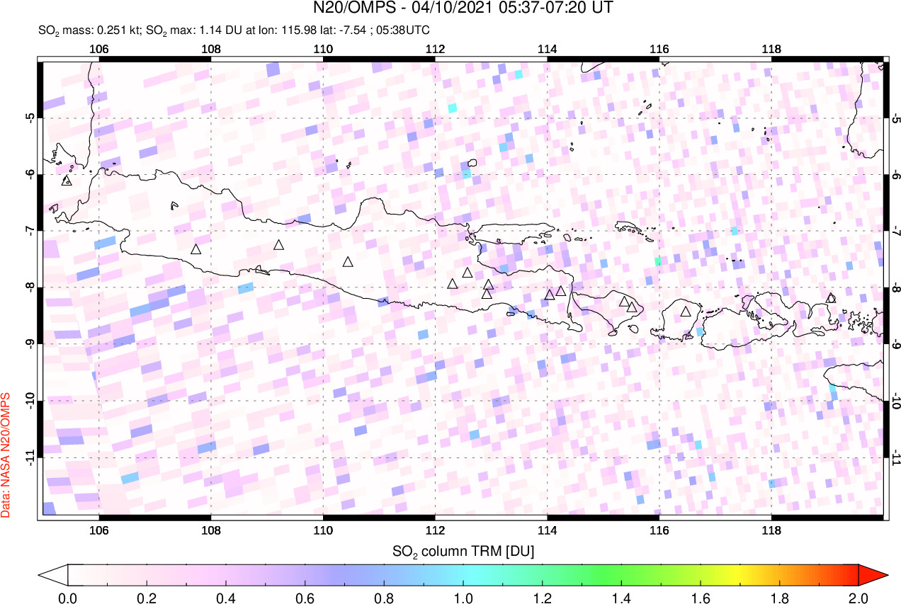 A sulfur dioxide image over Java, Indonesia on Apr 10, 2021.