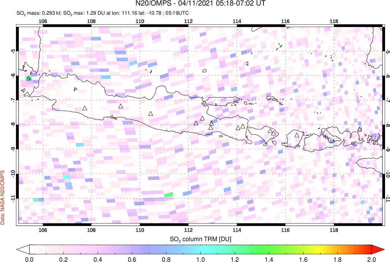 A sulfur dioxide image over Java, Indonesia on Apr 11, 2021.