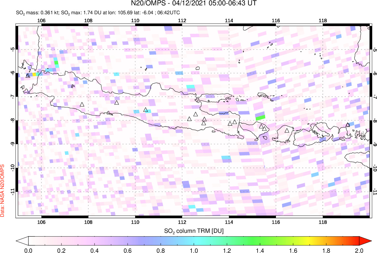 A sulfur dioxide image over Java, Indonesia on Apr 12, 2021.