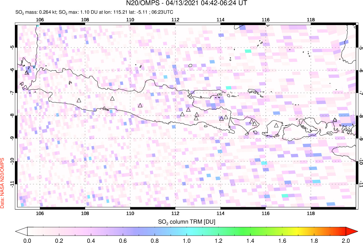 A sulfur dioxide image over Java, Indonesia on Apr 13, 2021.