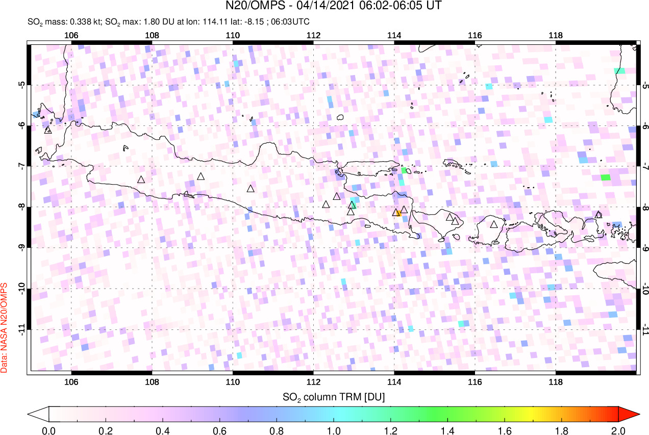 A sulfur dioxide image over Java, Indonesia on Apr 14, 2021.