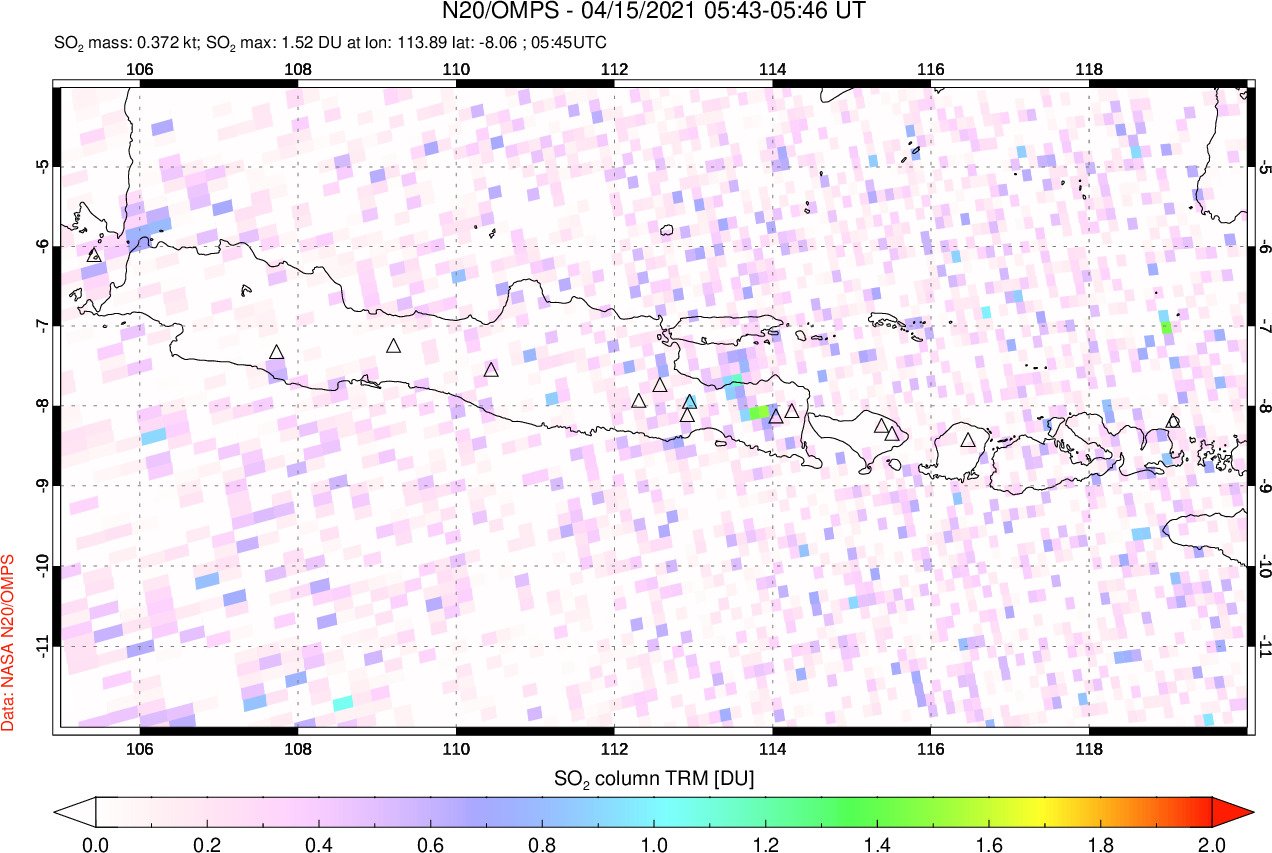 A sulfur dioxide image over Java, Indonesia on Apr 15, 2021.