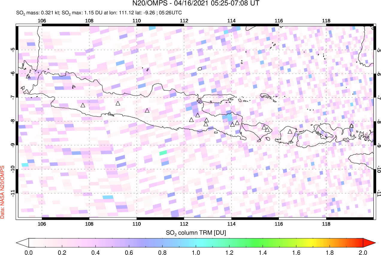 A sulfur dioxide image over Java, Indonesia on Apr 16, 2021.