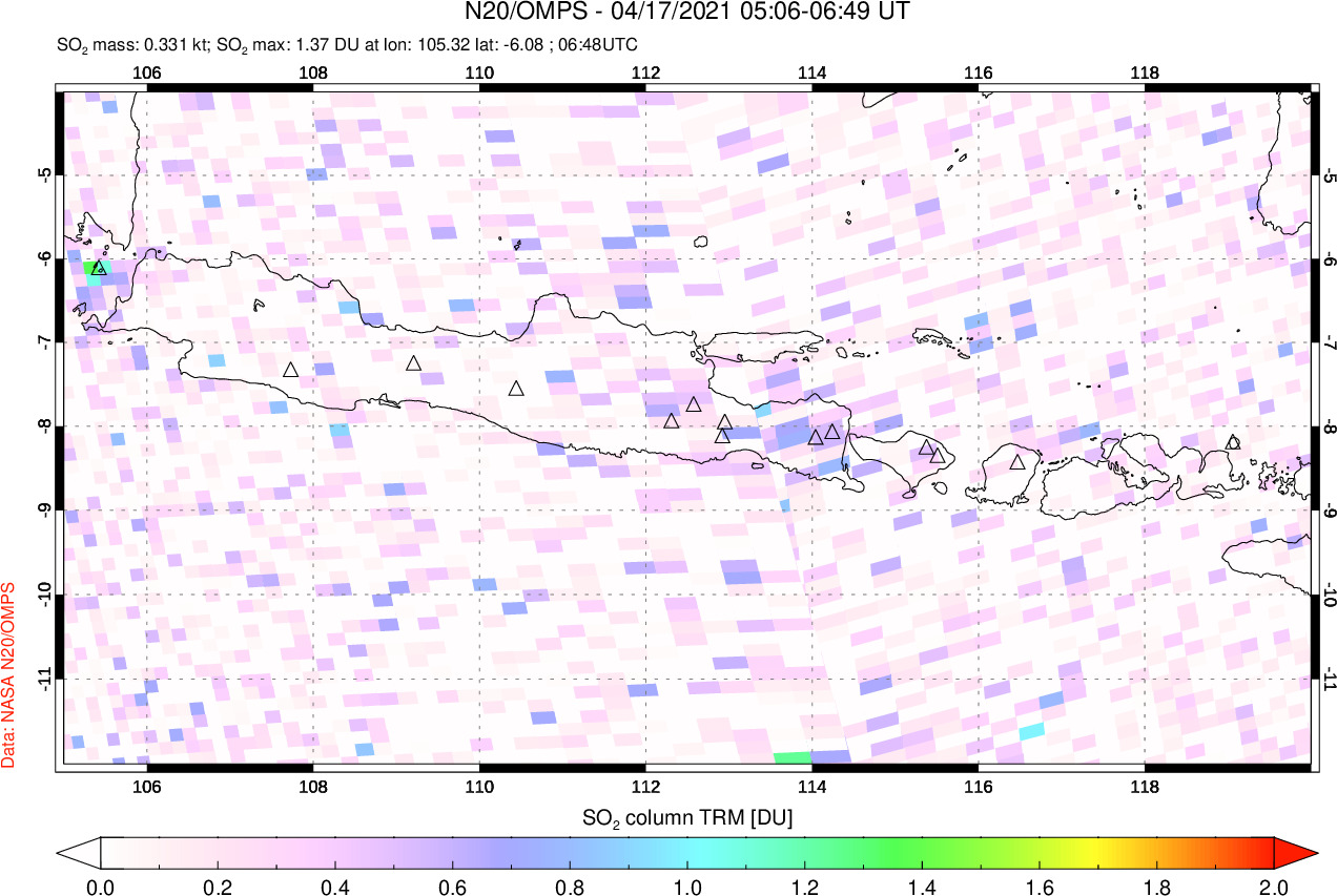 A sulfur dioxide image over Java, Indonesia on Apr 17, 2021.