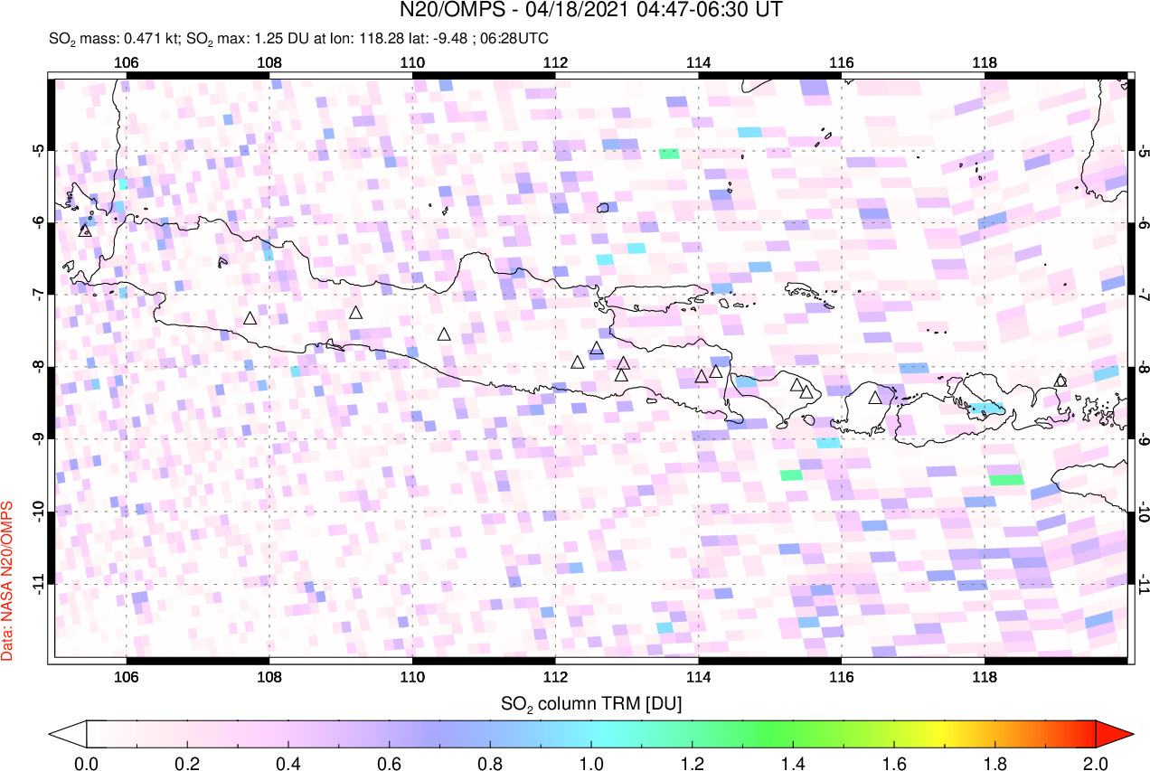A sulfur dioxide image over Java, Indonesia on Apr 18, 2021.