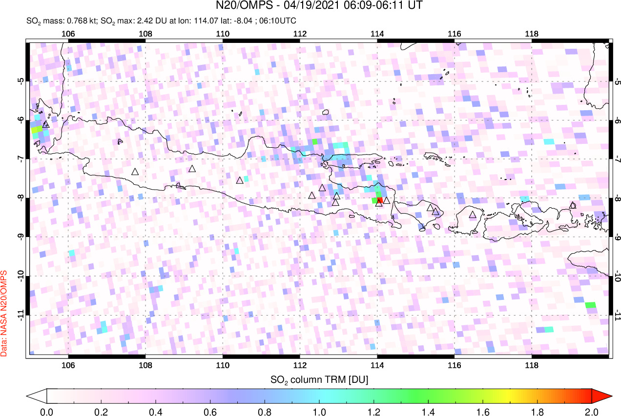 A sulfur dioxide image over Java, Indonesia on Apr 19, 2021.