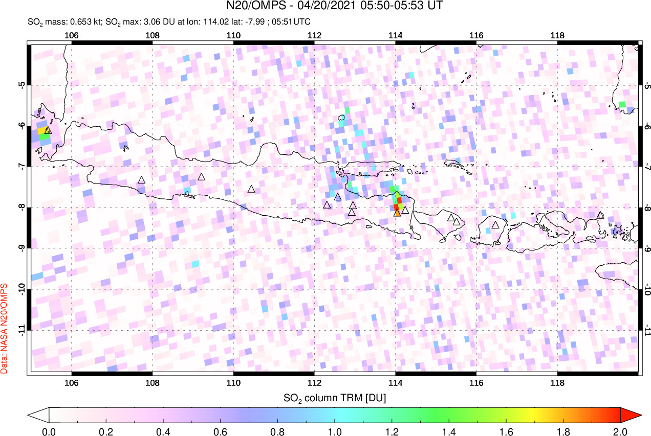 A sulfur dioxide image over Java, Indonesia on Apr 20, 2021.
