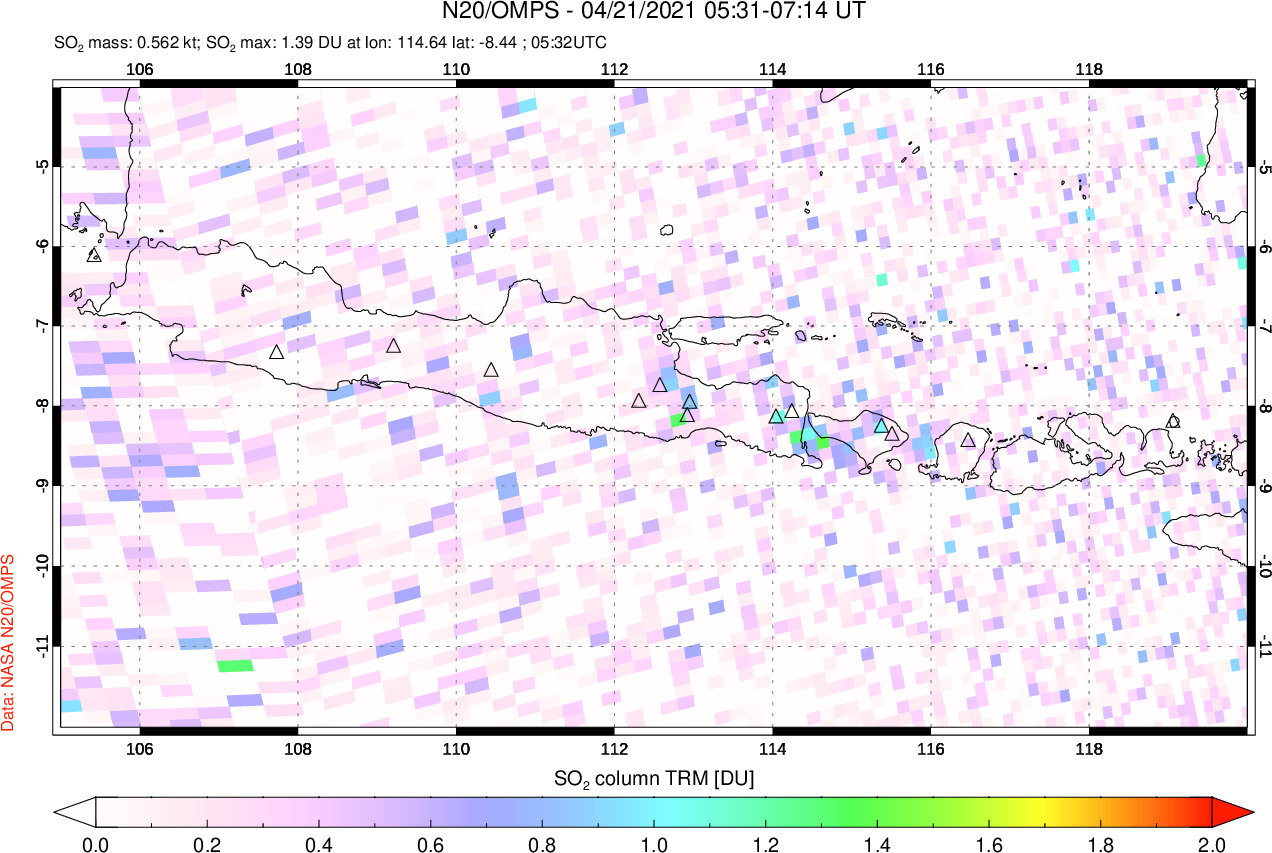 A sulfur dioxide image over Java, Indonesia on Apr 21, 2021.