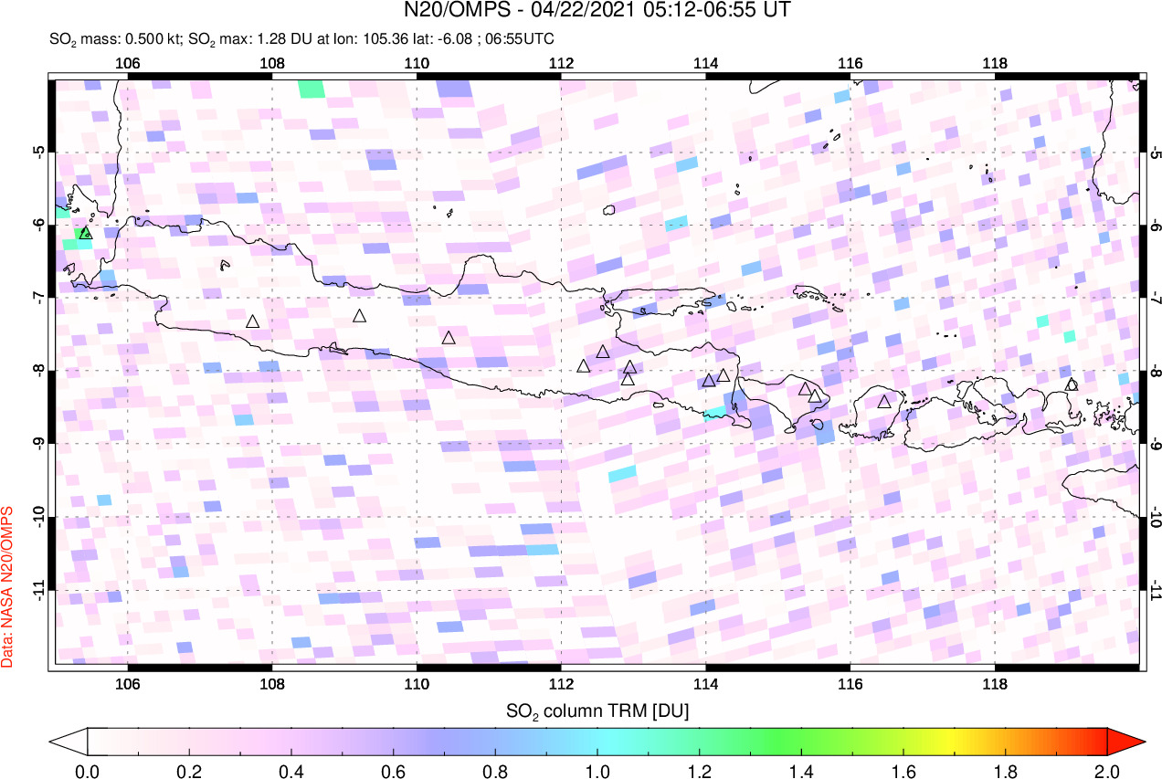 A sulfur dioxide image over Java, Indonesia on Apr 22, 2021.