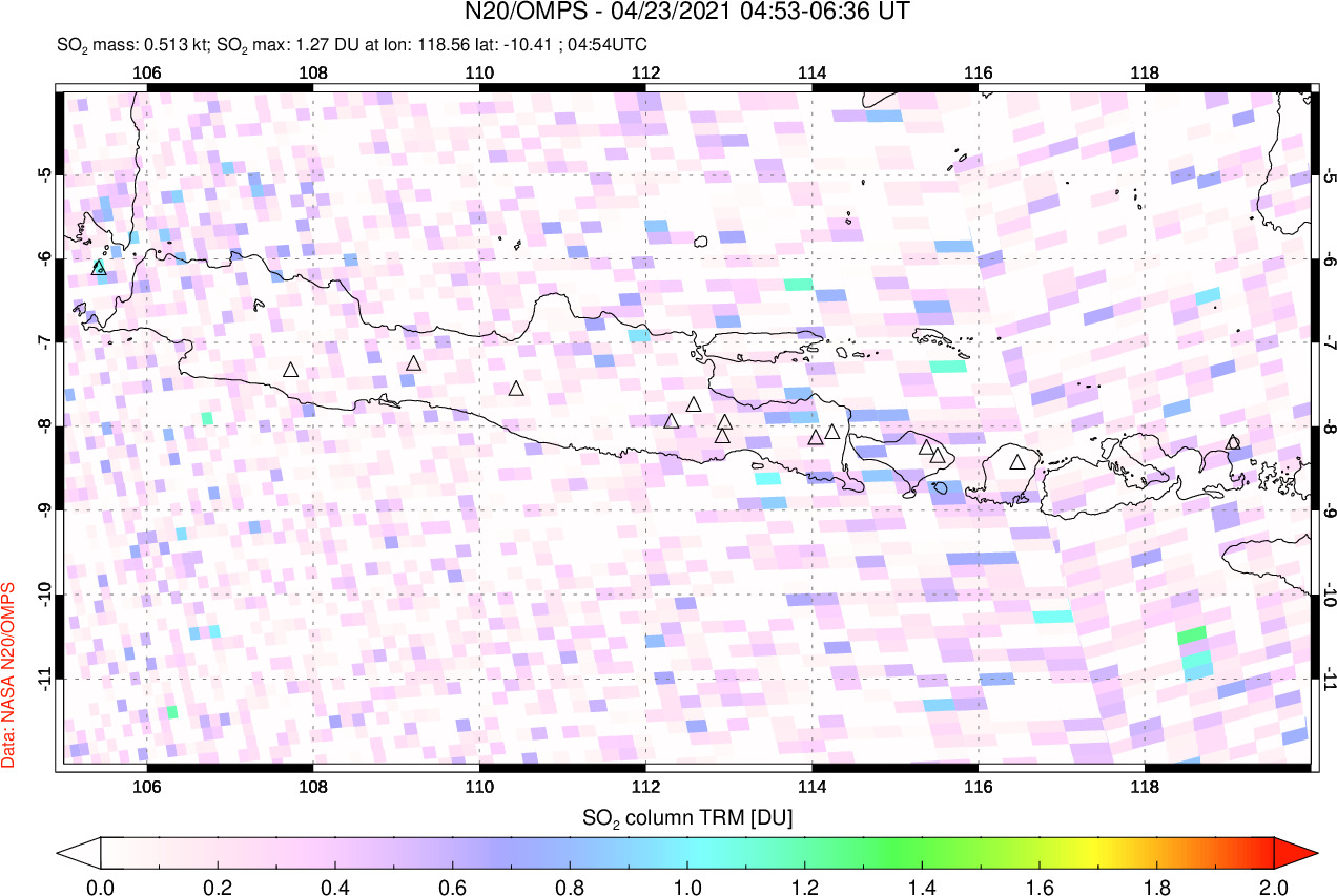 A sulfur dioxide image over Java, Indonesia on Apr 23, 2021.