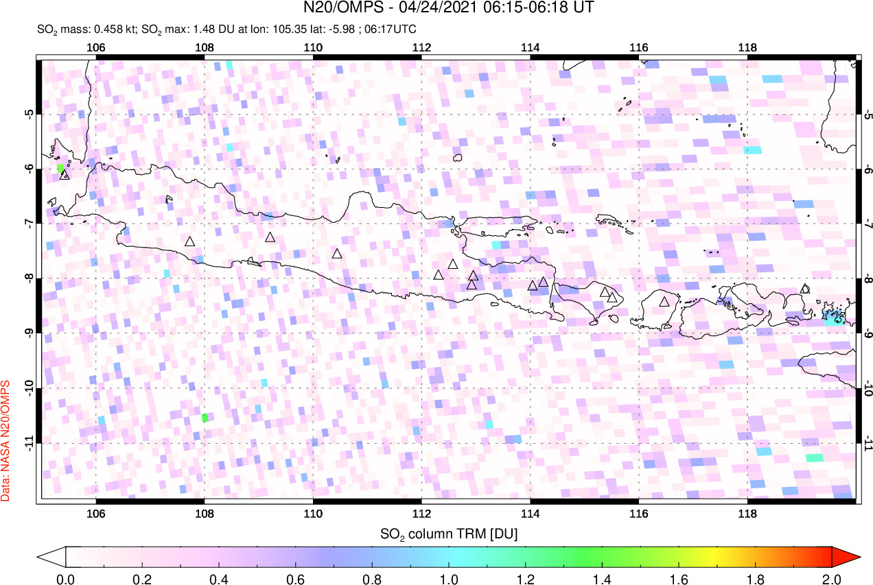 A sulfur dioxide image over Java, Indonesia on Apr 24, 2021.