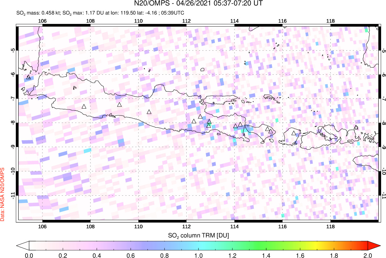 A sulfur dioxide image over Java, Indonesia on Apr 26, 2021.