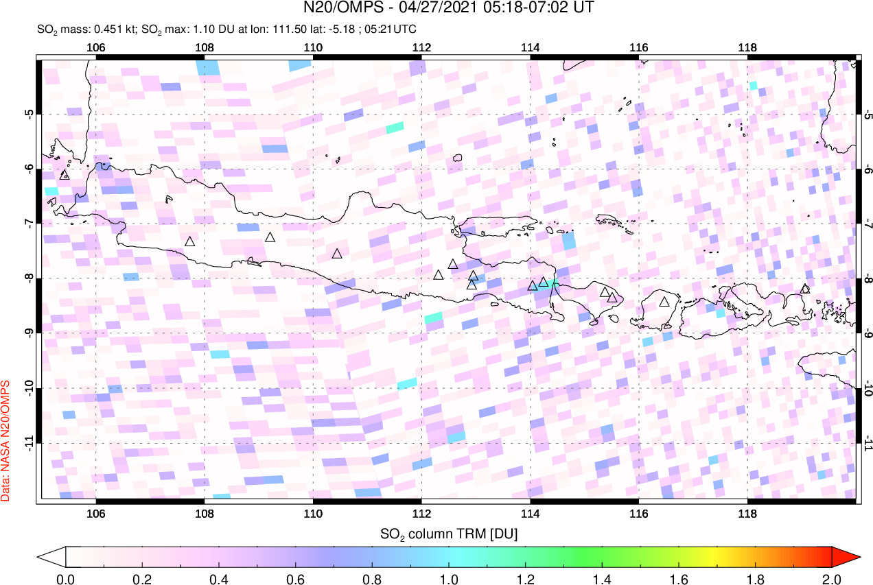 A sulfur dioxide image over Java, Indonesia on Apr 27, 2021.