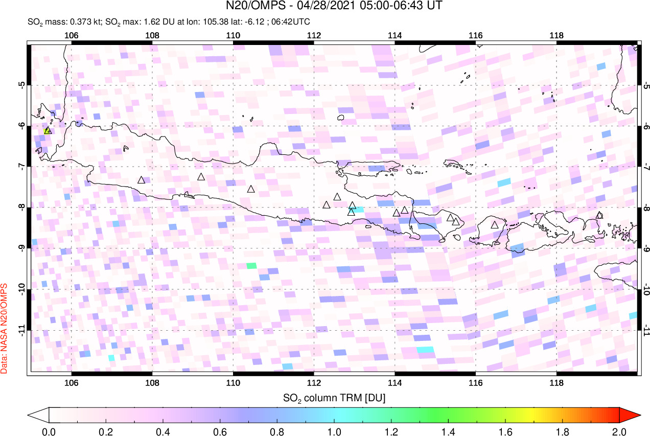 A sulfur dioxide image over Java, Indonesia on Apr 28, 2021.