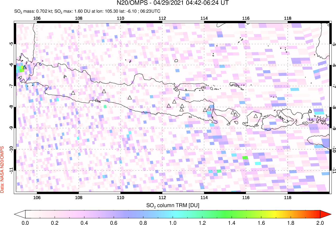 A sulfur dioxide image over Java, Indonesia on Apr 29, 2021.