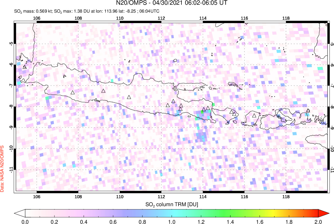 A sulfur dioxide image over Java, Indonesia on Apr 30, 2021.