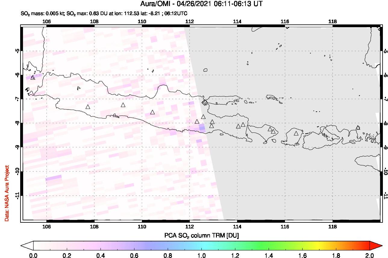 A sulfur dioxide image over Java, Indonesia on Apr 26, 2021.
