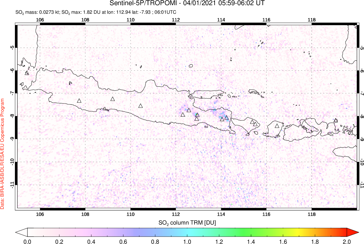 A sulfur dioxide image over Java, Indonesia on Apr 01, 2021.