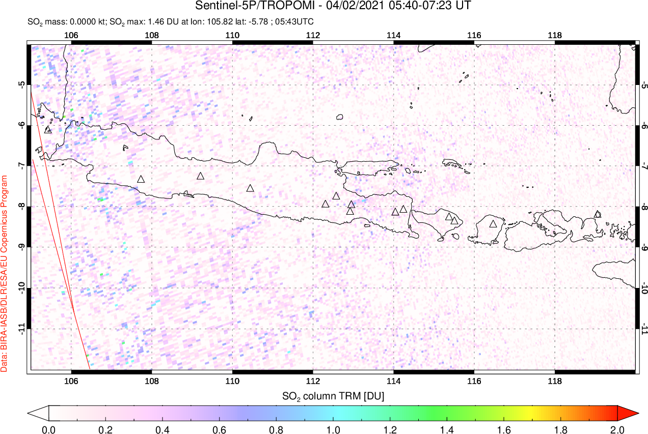 A sulfur dioxide image over Java, Indonesia on Apr 02, 2021.