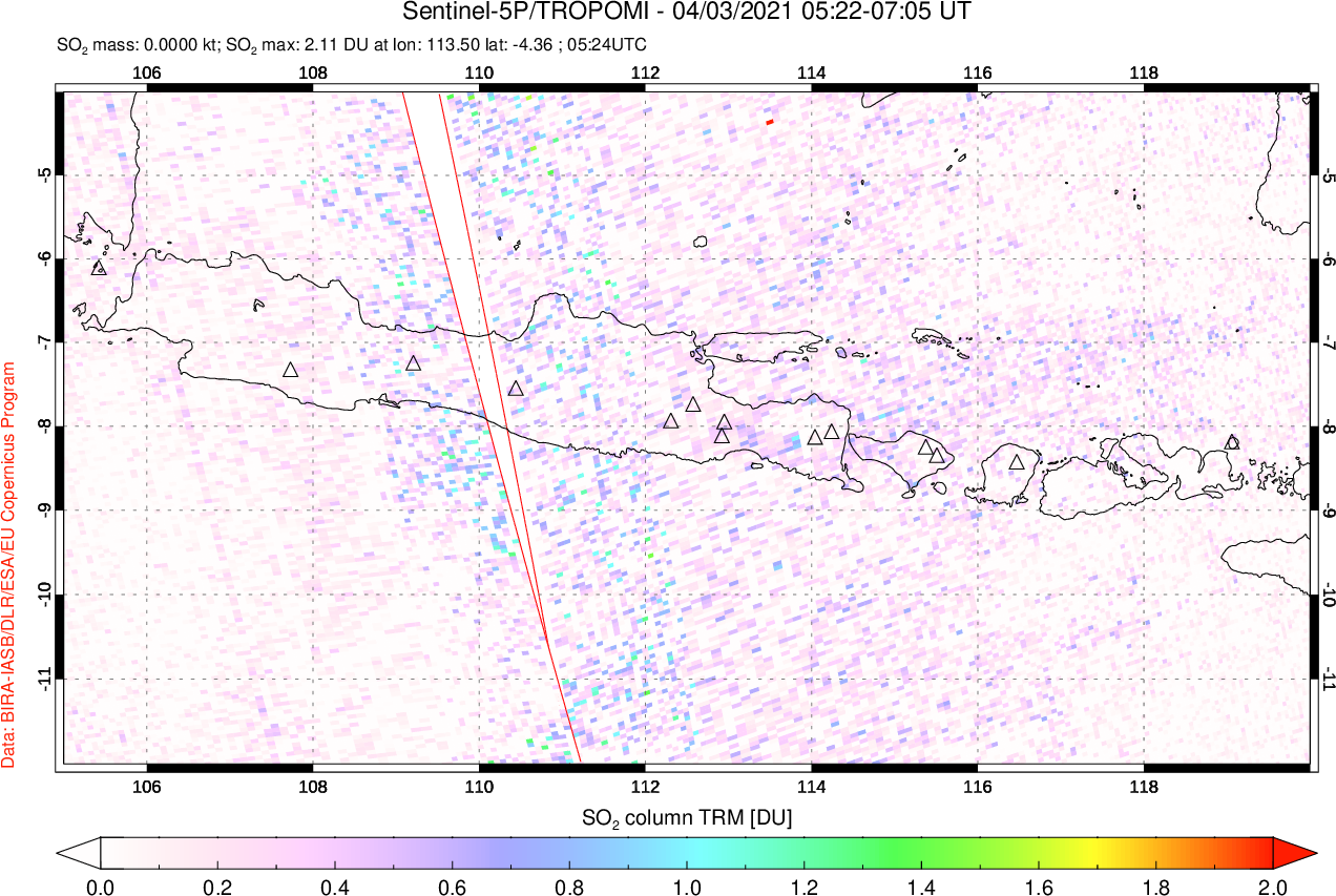 A sulfur dioxide image over Java, Indonesia on Apr 03, 2021.