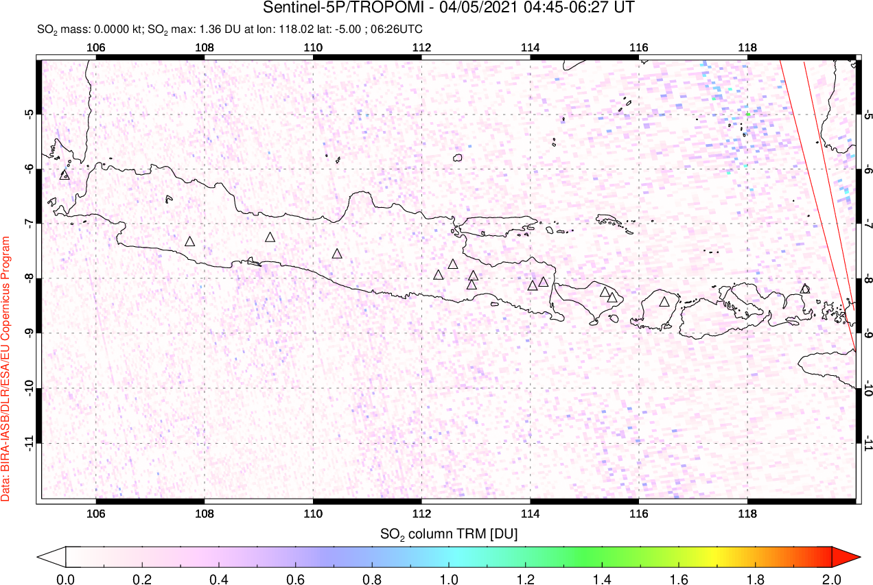 A sulfur dioxide image over Java, Indonesia on Apr 05, 2021.
