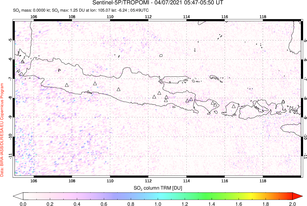 A sulfur dioxide image over Java, Indonesia on Apr 07, 2021.