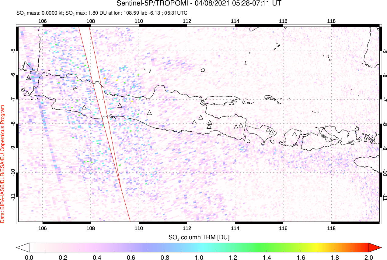 A sulfur dioxide image over Java, Indonesia on Apr 08, 2021.