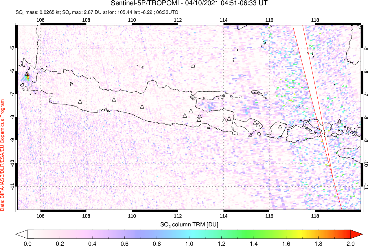 A sulfur dioxide image over Java, Indonesia on Apr 10, 2021.