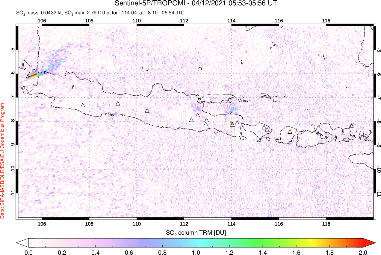 A sulfur dioxide image over Java, Indonesia on Apr 12, 2021.
