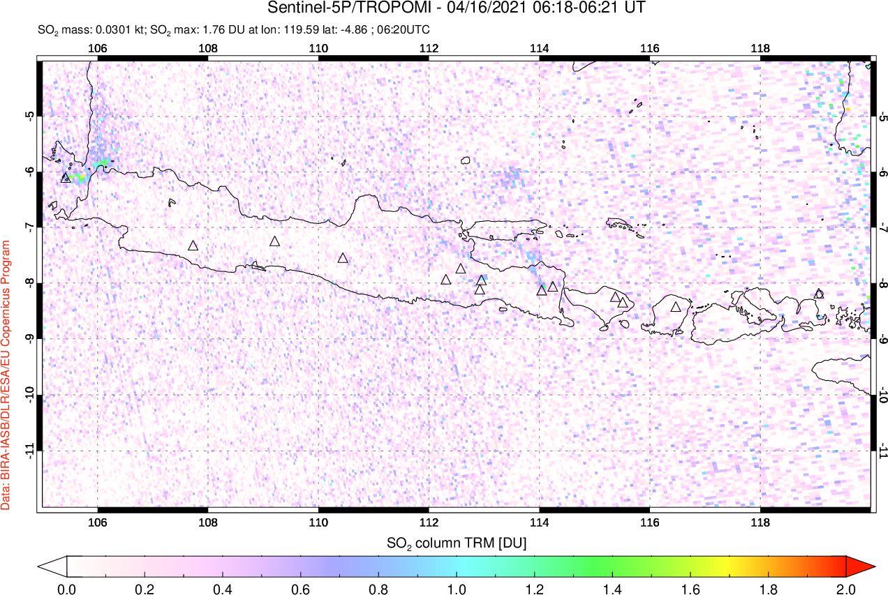 A sulfur dioxide image over Java, Indonesia on Apr 16, 2021.