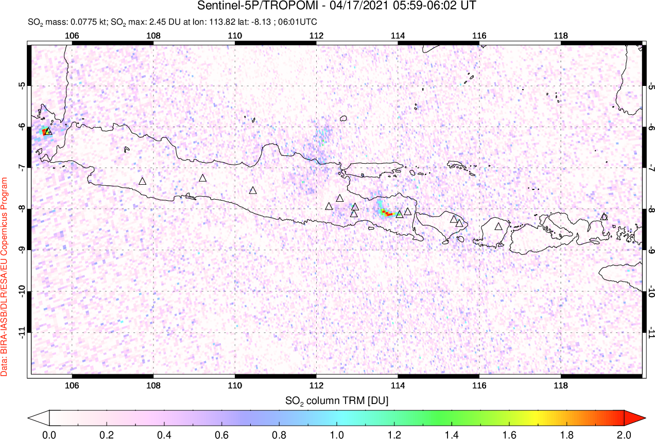 A sulfur dioxide image over Java, Indonesia on Apr 17, 2021.