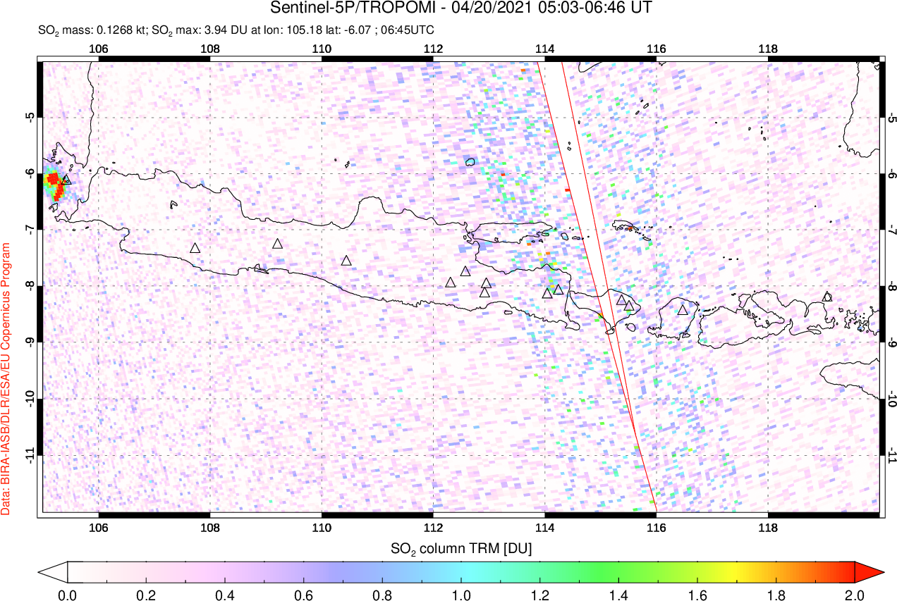A sulfur dioxide image over Java, Indonesia on Apr 20, 2021.