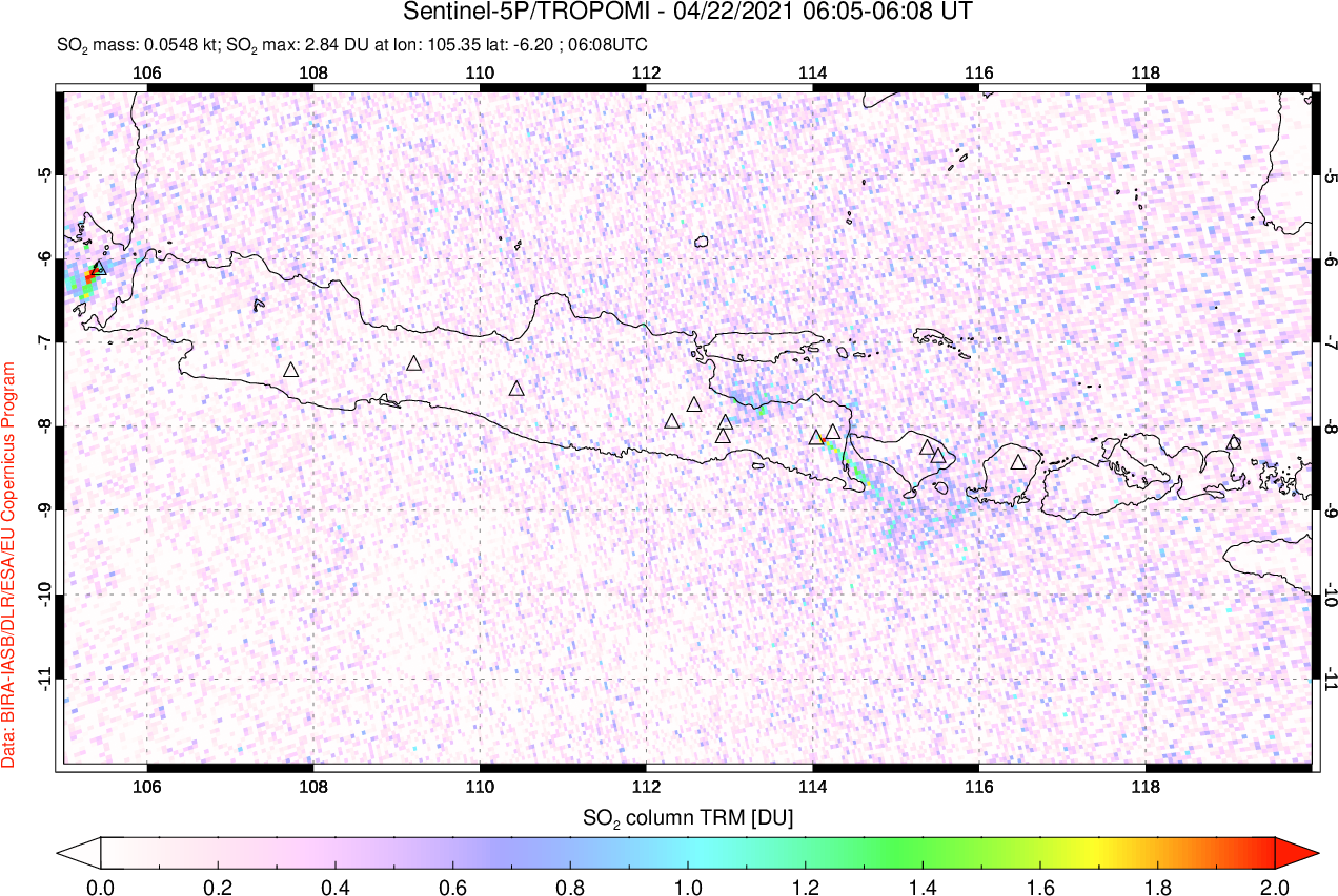 A sulfur dioxide image over Java, Indonesia on Apr 22, 2021.