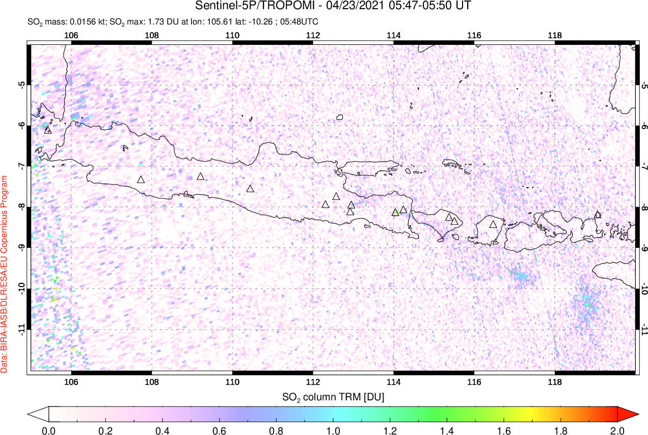 A sulfur dioxide image over Java, Indonesia on Apr 23, 2021.
