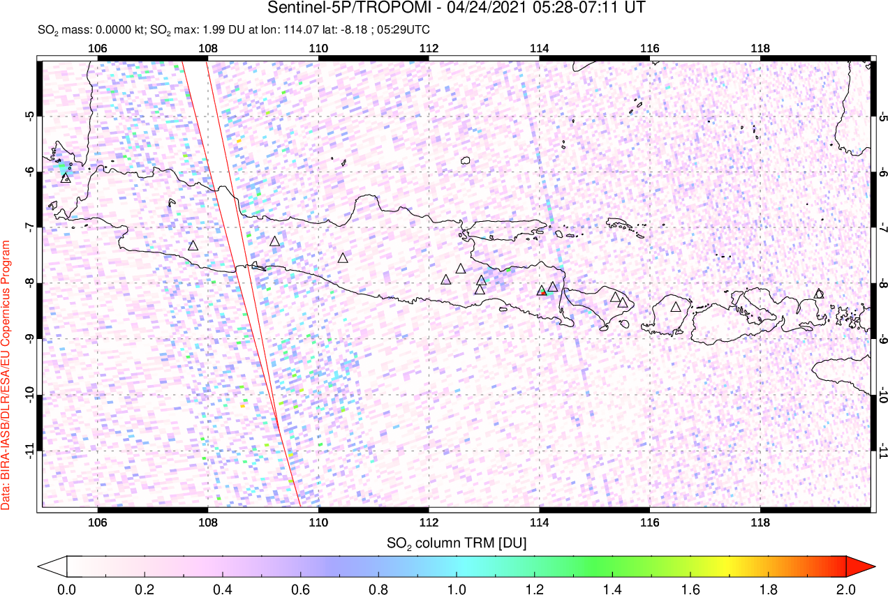 A sulfur dioxide image over Java, Indonesia on Apr 24, 2021.