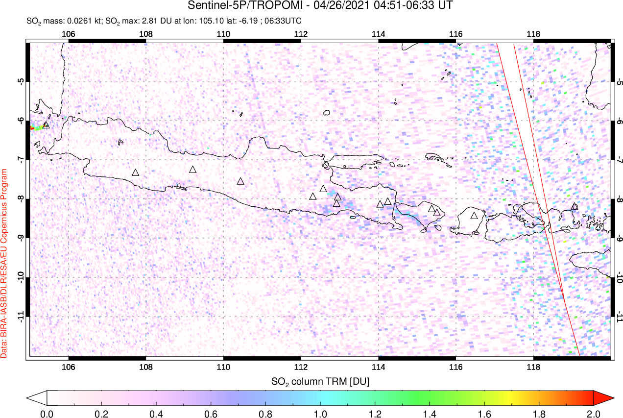 A sulfur dioxide image over Java, Indonesia on Apr 26, 2021.