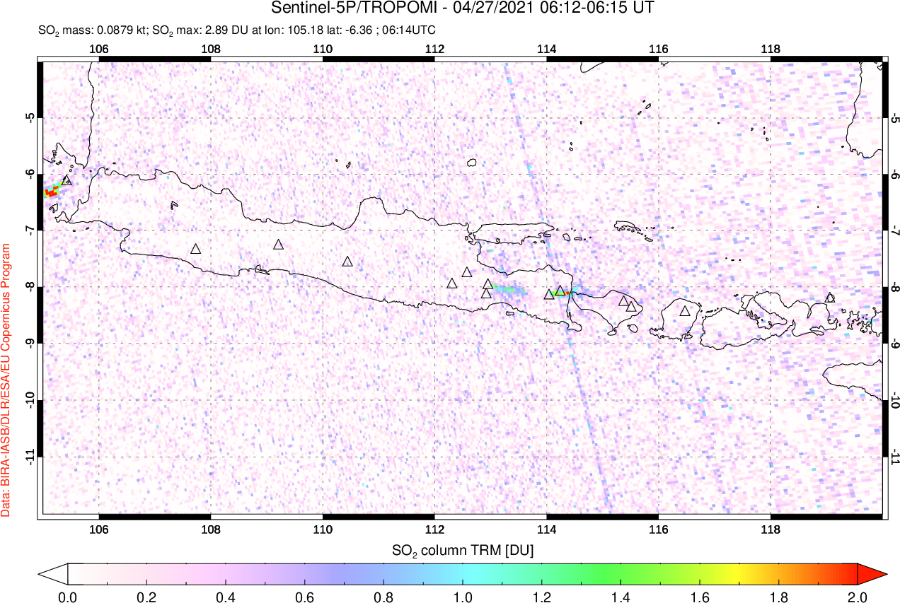 A sulfur dioxide image over Java, Indonesia on Apr 27, 2021.