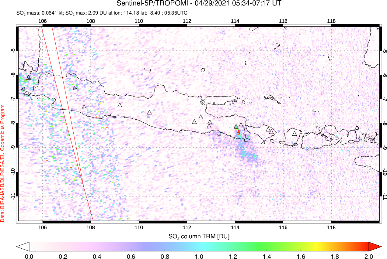 A sulfur dioxide image over Java, Indonesia on Apr 29, 2021.
