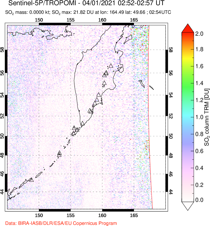 A sulfur dioxide image over Kamchatka, Russian Federation on Apr 01, 2021.
