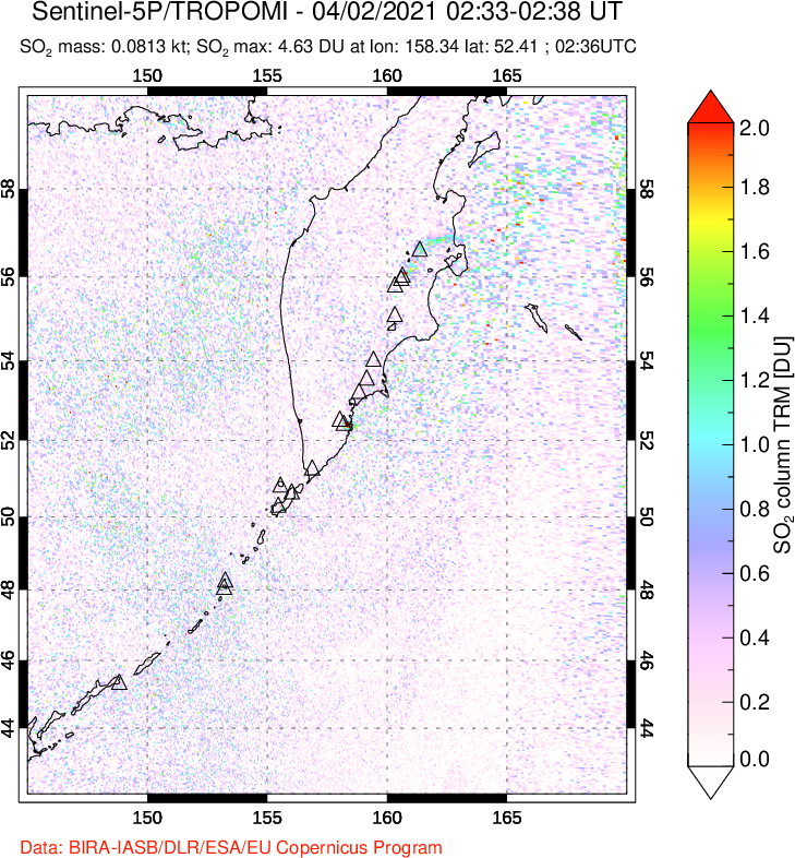 A sulfur dioxide image over Kamchatka, Russian Federation on Apr 02, 2021.