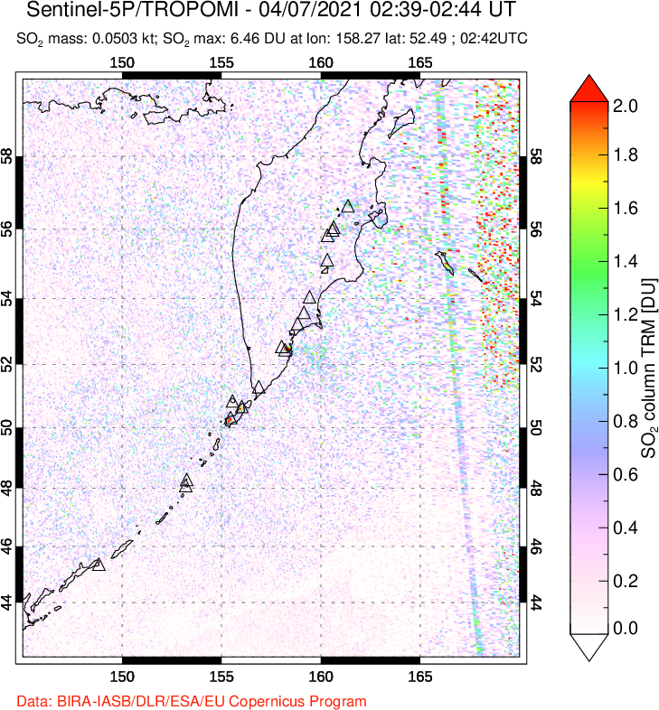 A sulfur dioxide image over Kamchatka, Russian Federation on Apr 07, 2021.