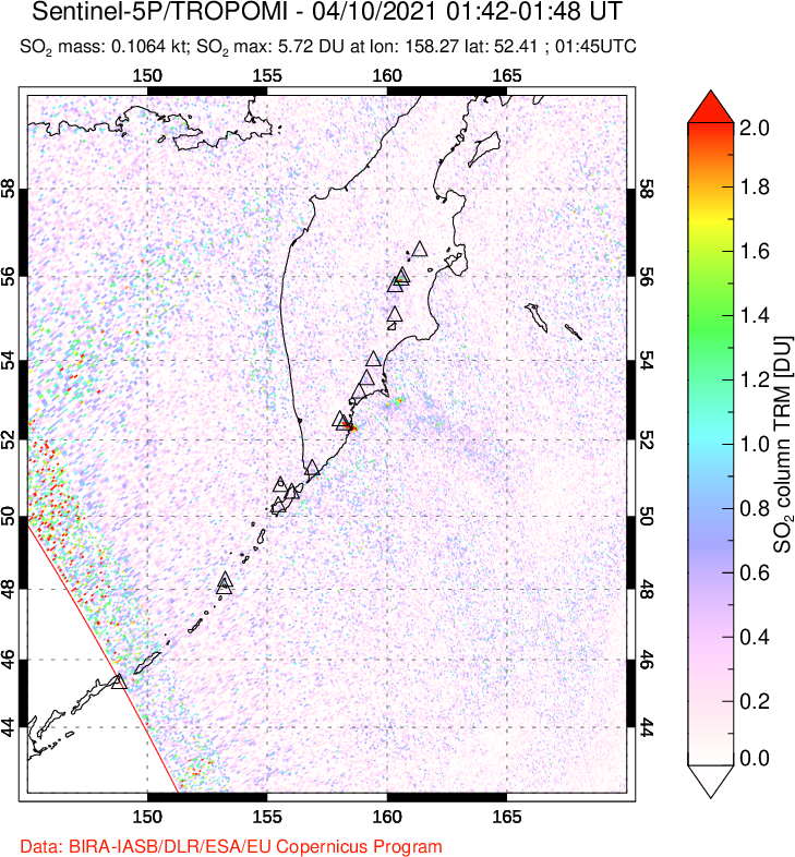 A sulfur dioxide image over Kamchatka, Russian Federation on Apr 10, 2021.
