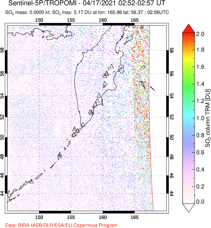 A sulfur dioxide image over Kamchatka, Russian Federation on Apr 17, 2021.