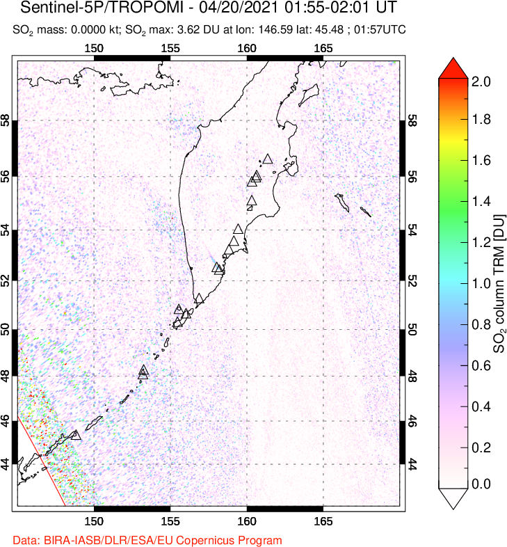 A sulfur dioxide image over Kamchatka, Russian Federation on Apr 20, 2021.
