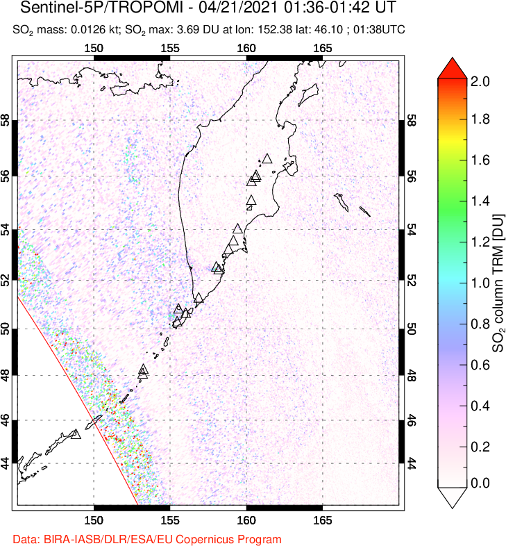 A sulfur dioxide image over Kamchatka, Russian Federation on Apr 21, 2021.